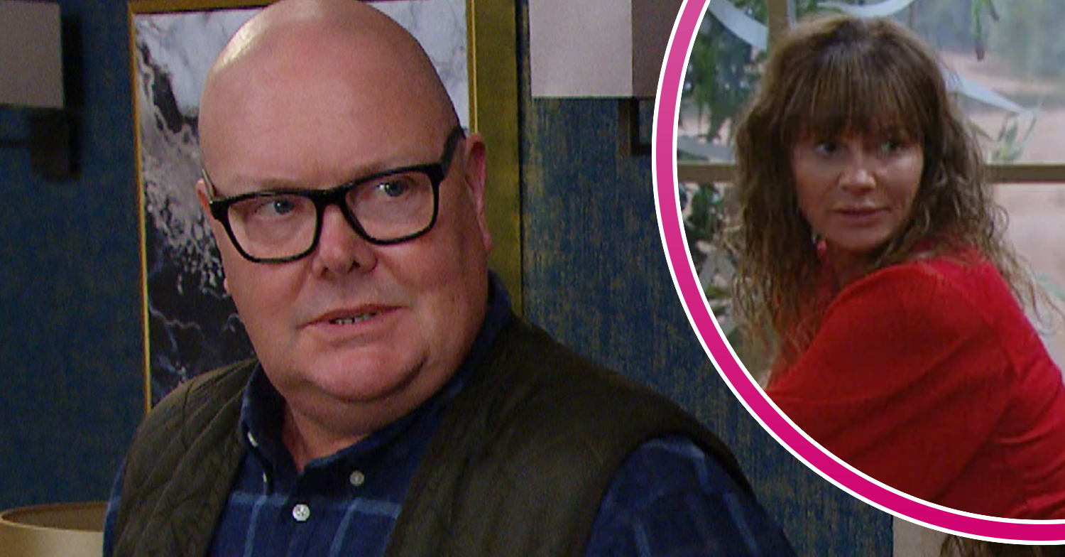 Emmerdale Paddy looking angry and Chas looking suspicious