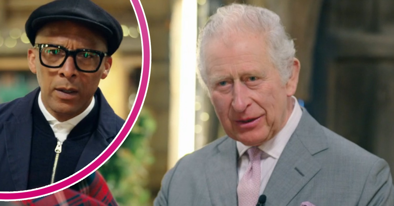 Jay Blades frowning and King Charles talking on The Repair Shop