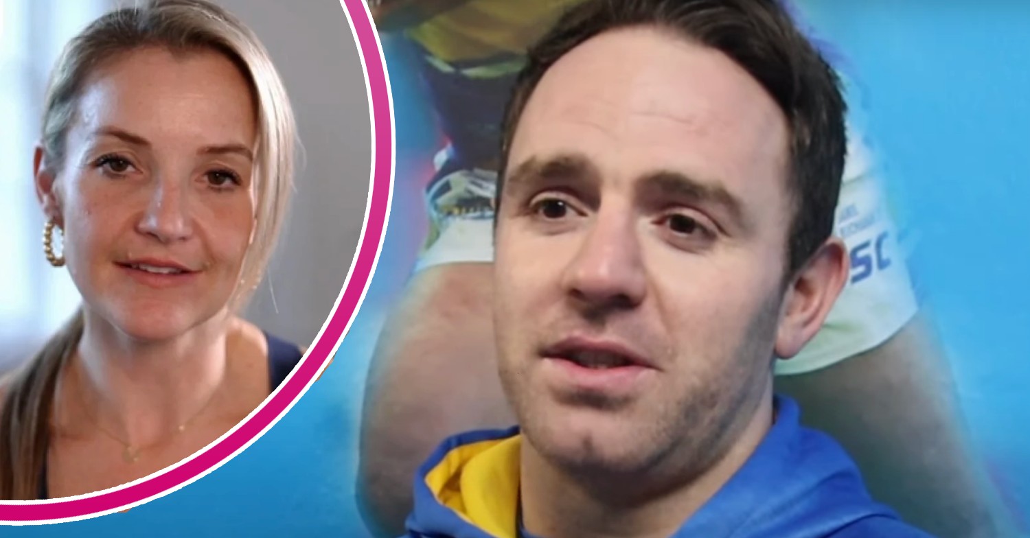 Helen Skelton smiling, her former husband Richie Myler looking sad