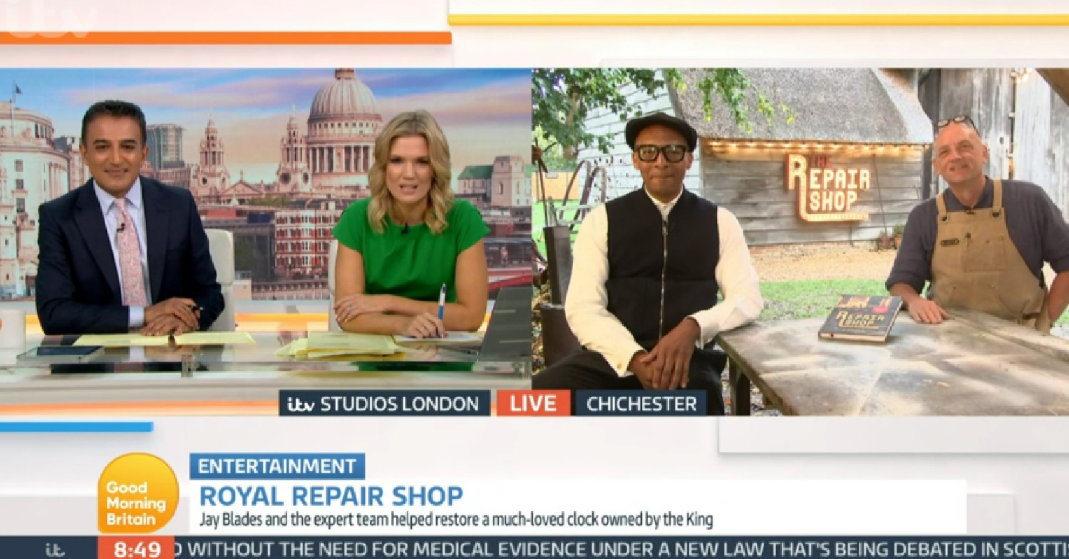 Adil Ray and Charlotte Hawkins talking to Jay Blades from The Repair Shop on GMB