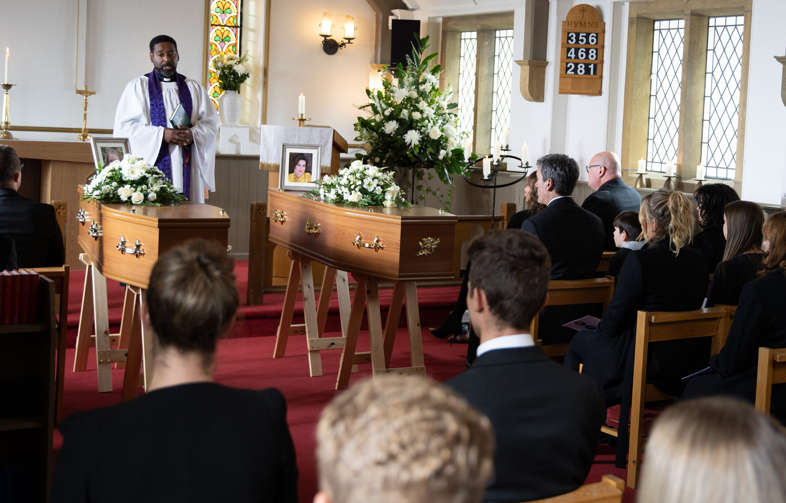 Faith and Liv's coffins at their funeral in Emmerdale