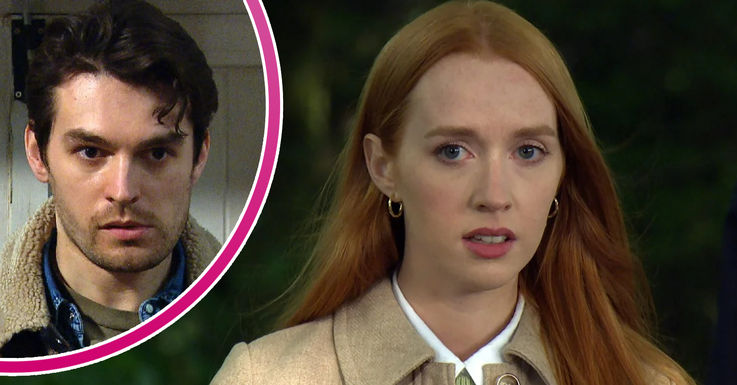 Emmerdale Mack looking angry and Chloe looking scared