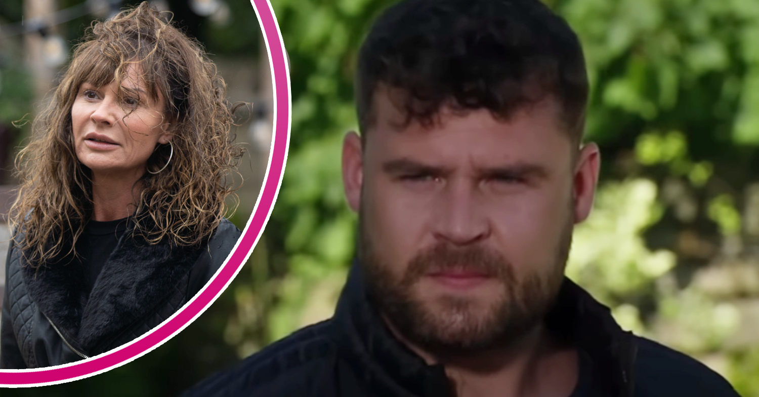 Emmerdale Chas looking frustrated and Aaron looking angry