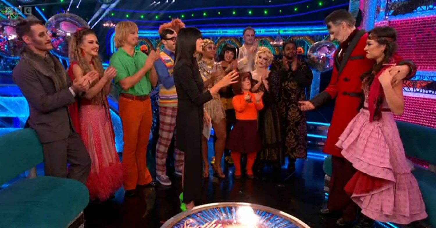 Claudia Winkleman speaking to Tony Adams and Katya Jones on Strictly