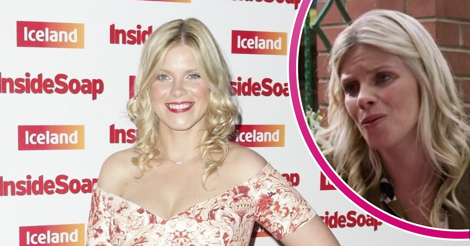 Vanessa Hehir smiling at the Inside Soap awards and Esther looking worried in Coronation Street