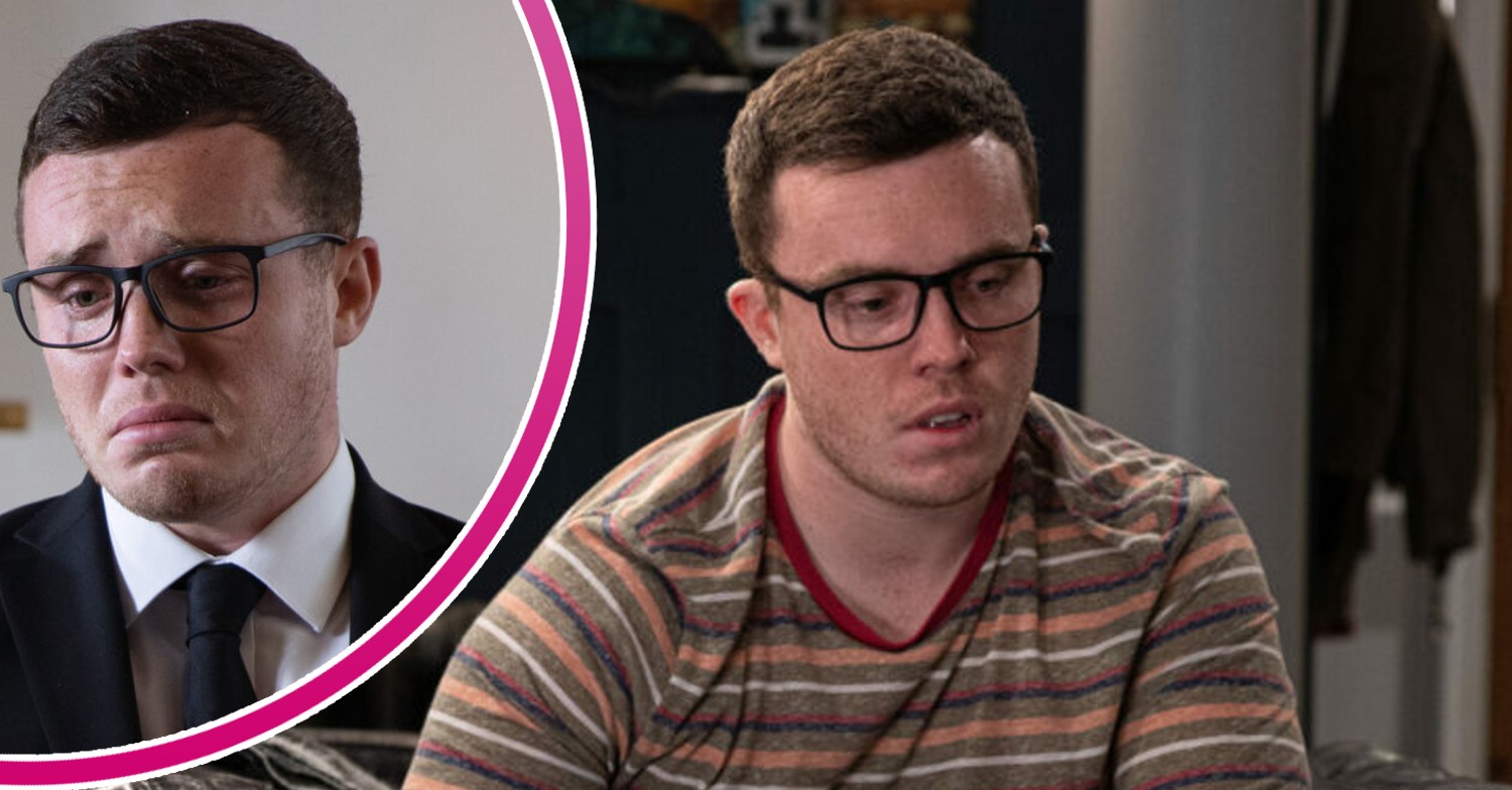 Vinny crying and looking sad in Emmerdale