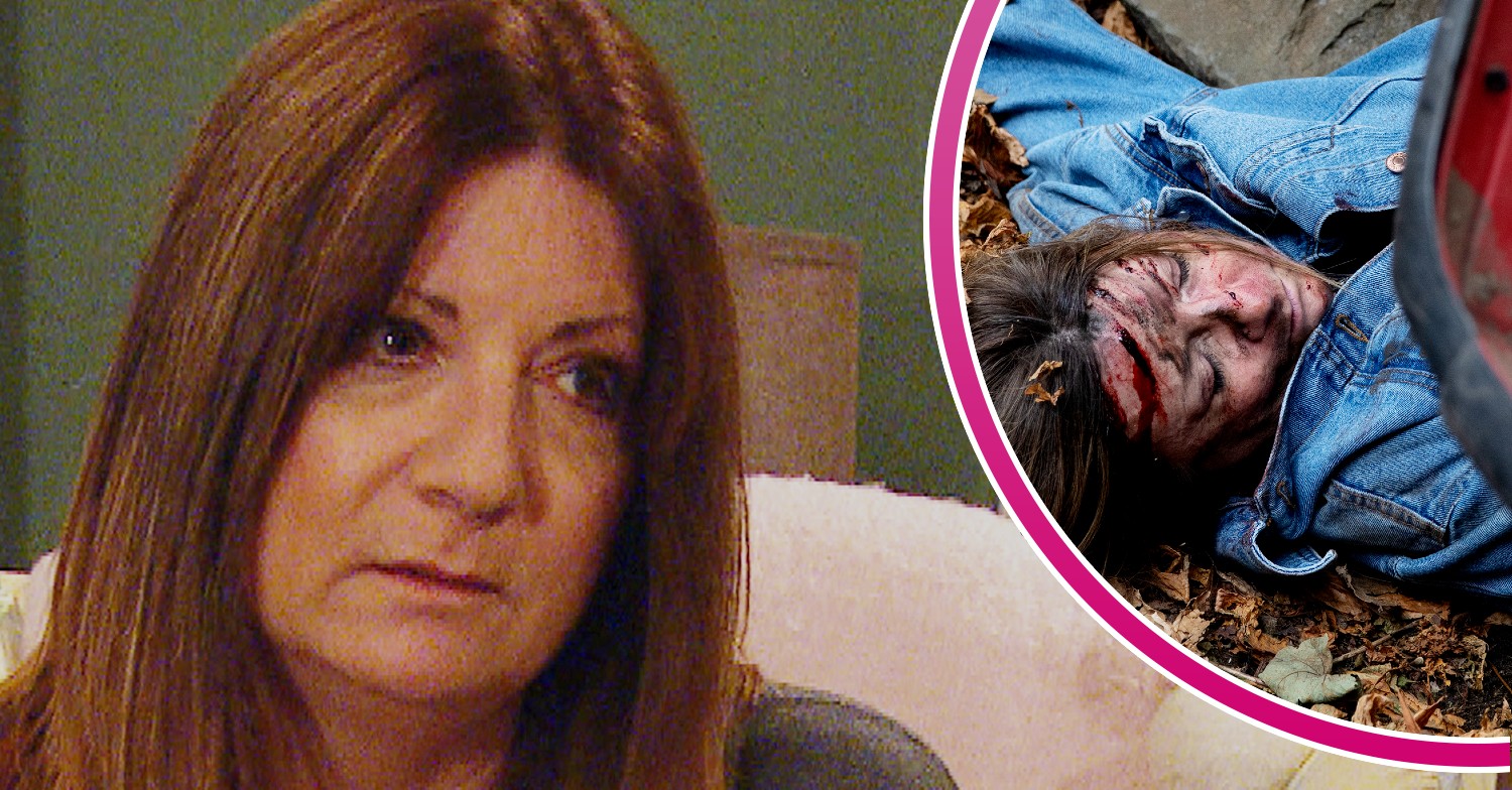 Harriet looking concerned and Harriet led on the ground in Emmerdale