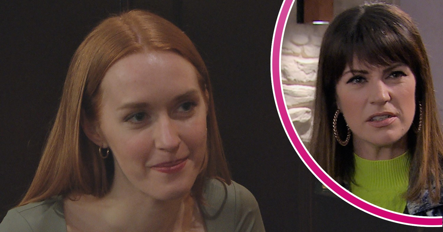 Chloe smiling and Kerry looking annoyed in Emmerdale