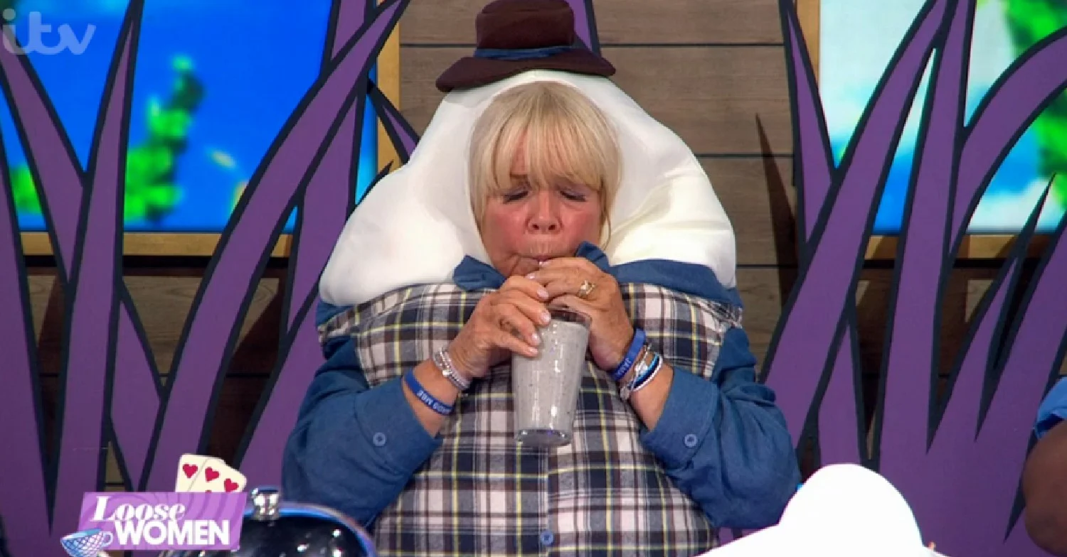 Linda Robson drinking through a straw on Loose Women