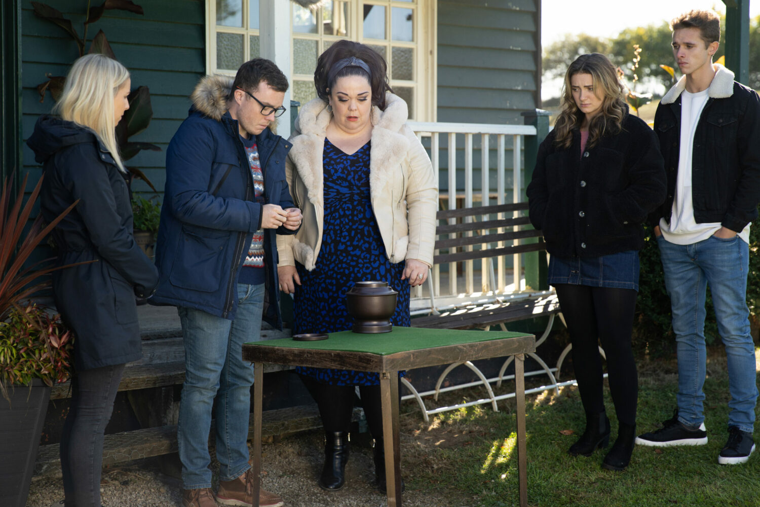 Belle, Vinny, Mandy, Gabby and Jocob gather round Liv's urn to say one last goodbye