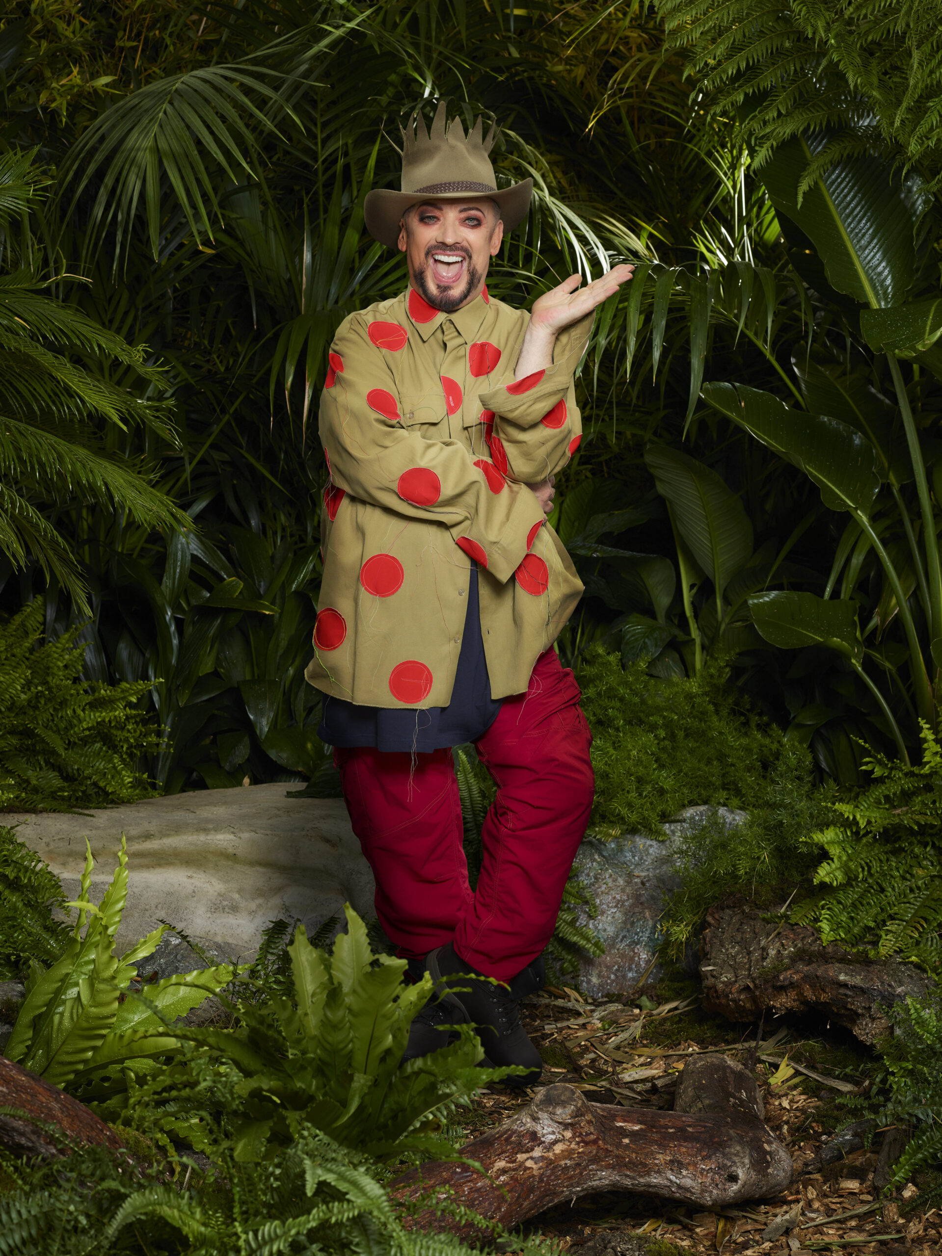 Boy George posing in his I'm A Celebrity outfit