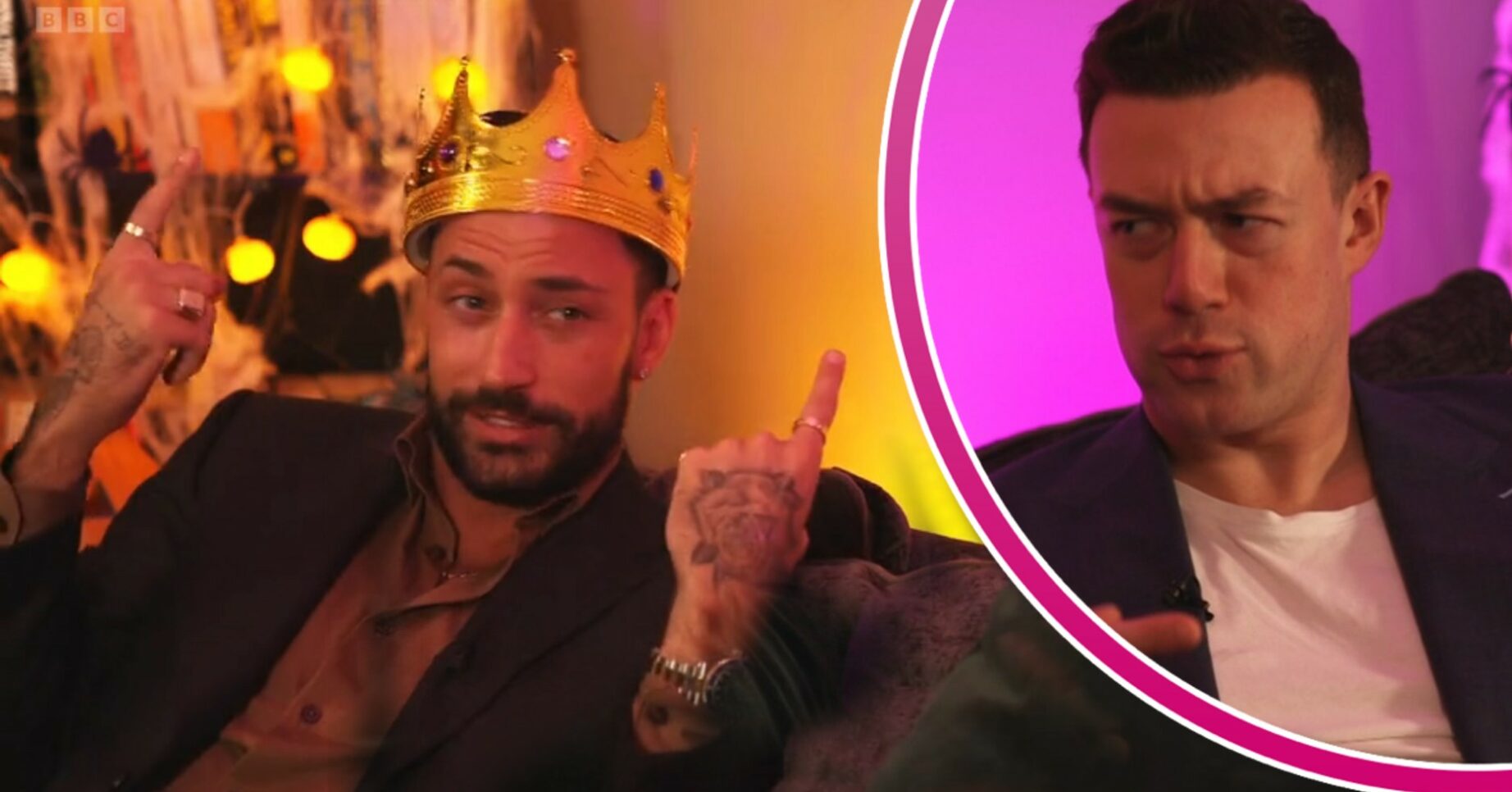 Strictly star Giovanni wearing a crown and Kai frowning