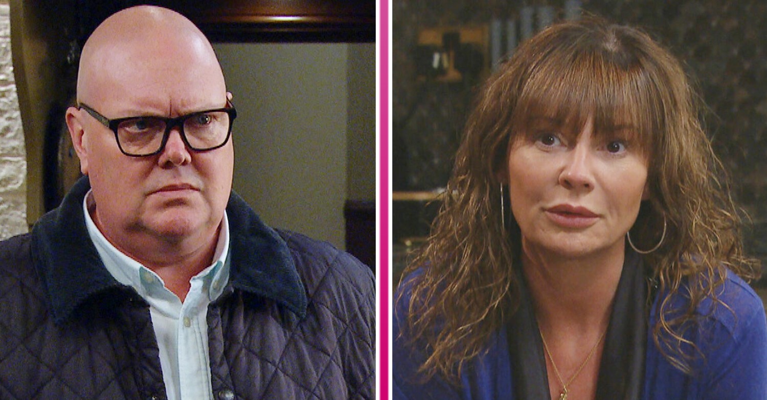 Paddy looking upset and Chas looking sheepish in Emmerdale