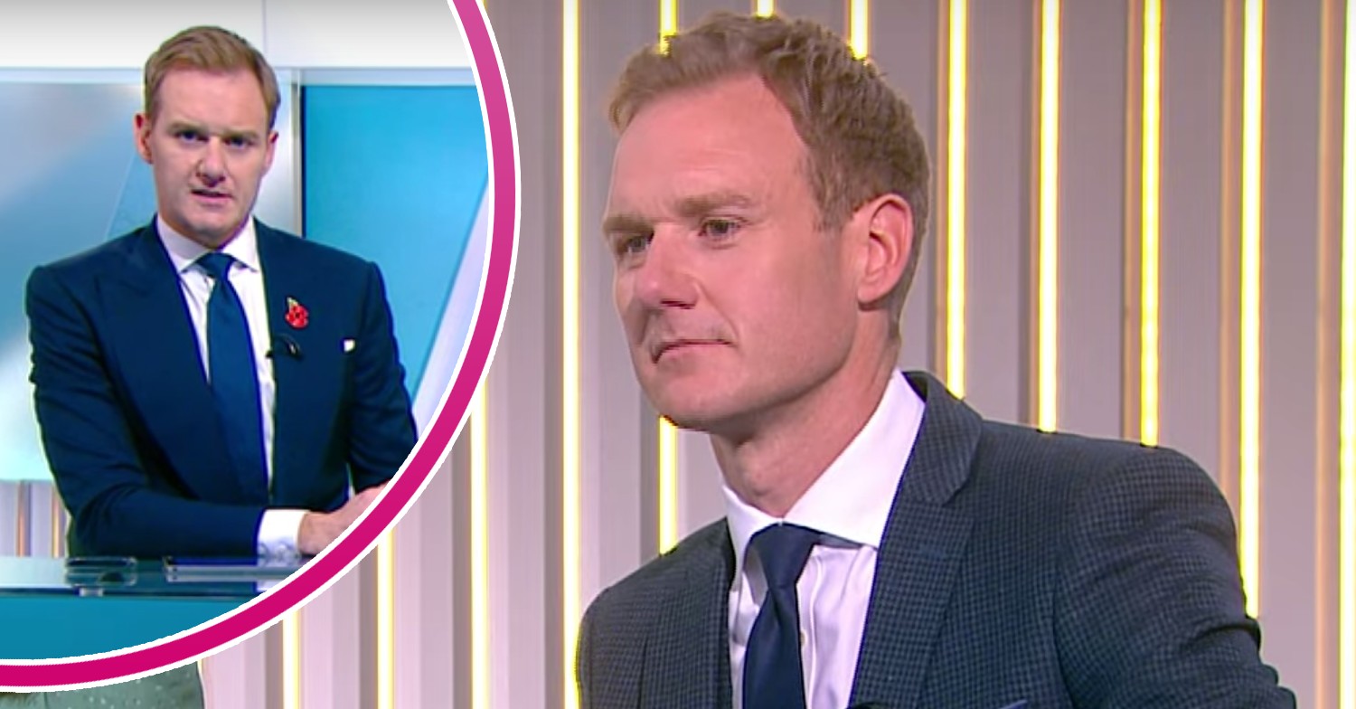 Dan Walker speaks to camera, and listens intently during Channel 5 news broadcast