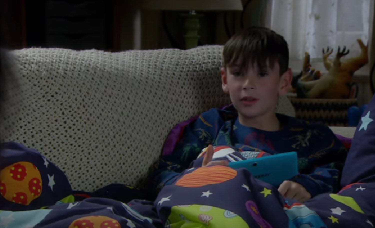 Kyle Winchester on his tablet in Emmerdale 