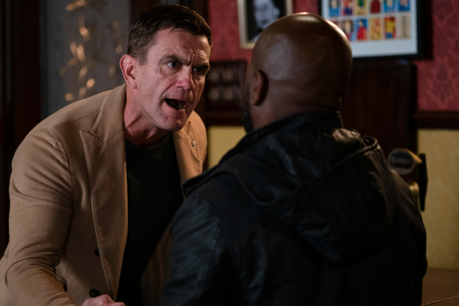 Jack in EastEnders is fuming and shouts at Howie in The Vic