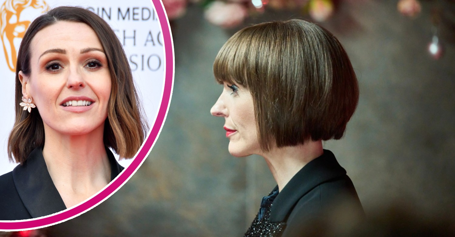 Suranne Jones smiling on the red carpet and looking to the side in Christmas Carole