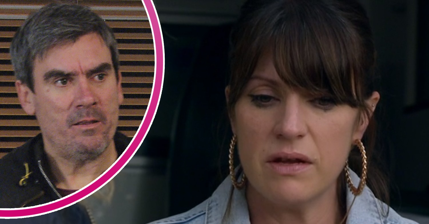 Cain looking annoyed and Kerry crying in Emmerdale