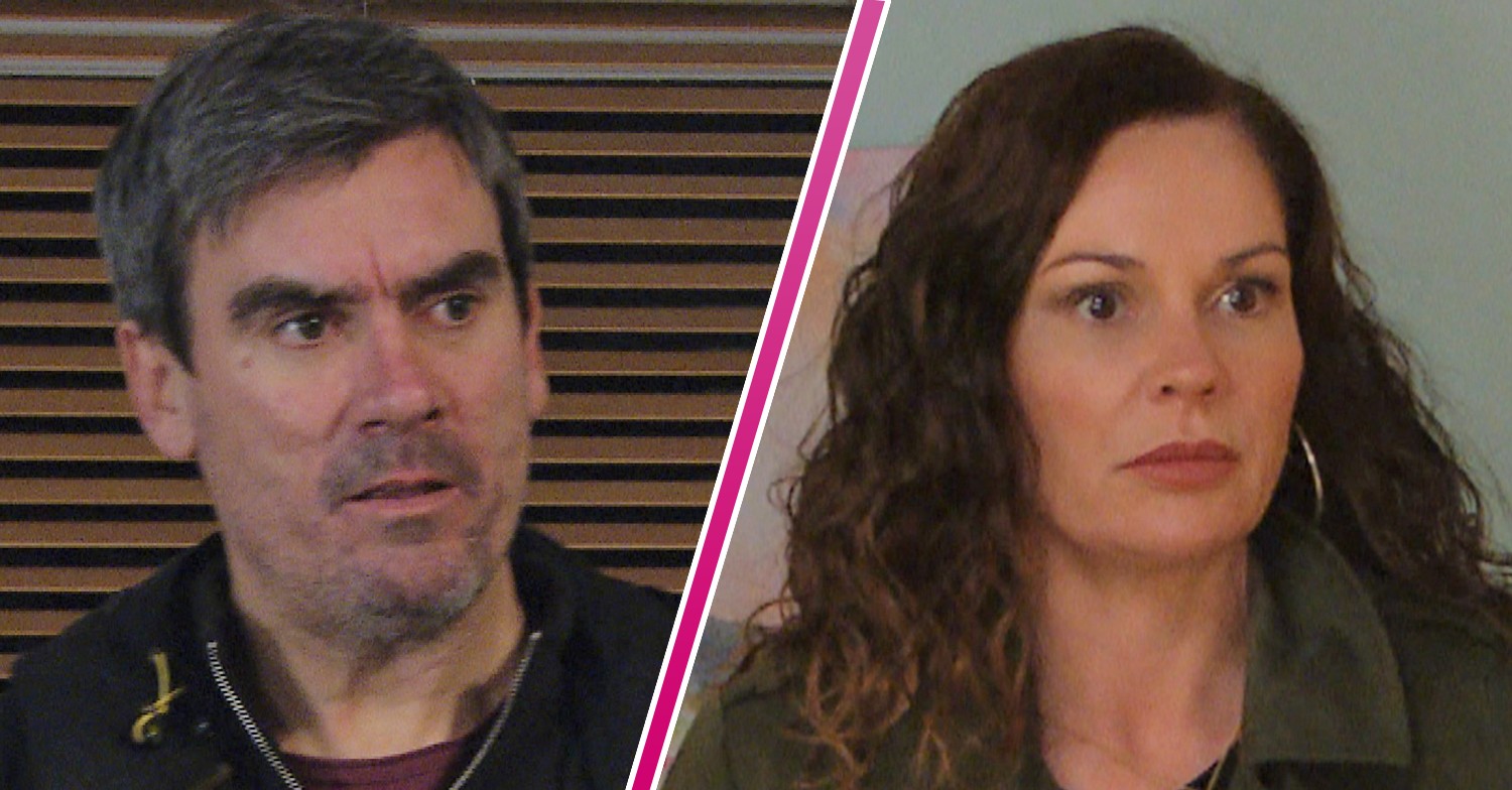 Cain and Chas looking shocked in Emmerdale