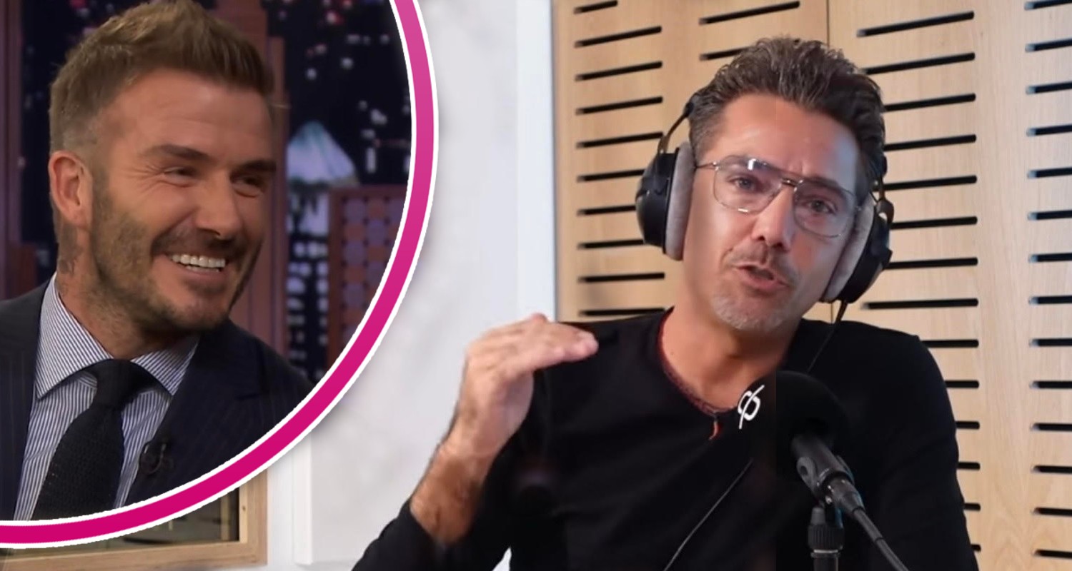 Gino D'Acampo talking during podcast, and David Beckham smiling on show