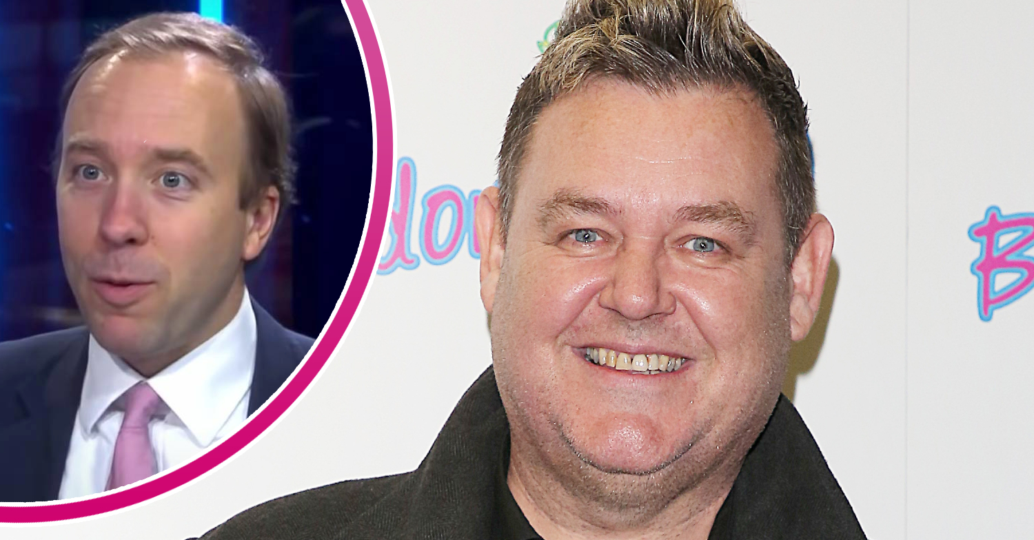 Coronation Street's Tony Maudsley smiling and Matt Hancock looking shocked