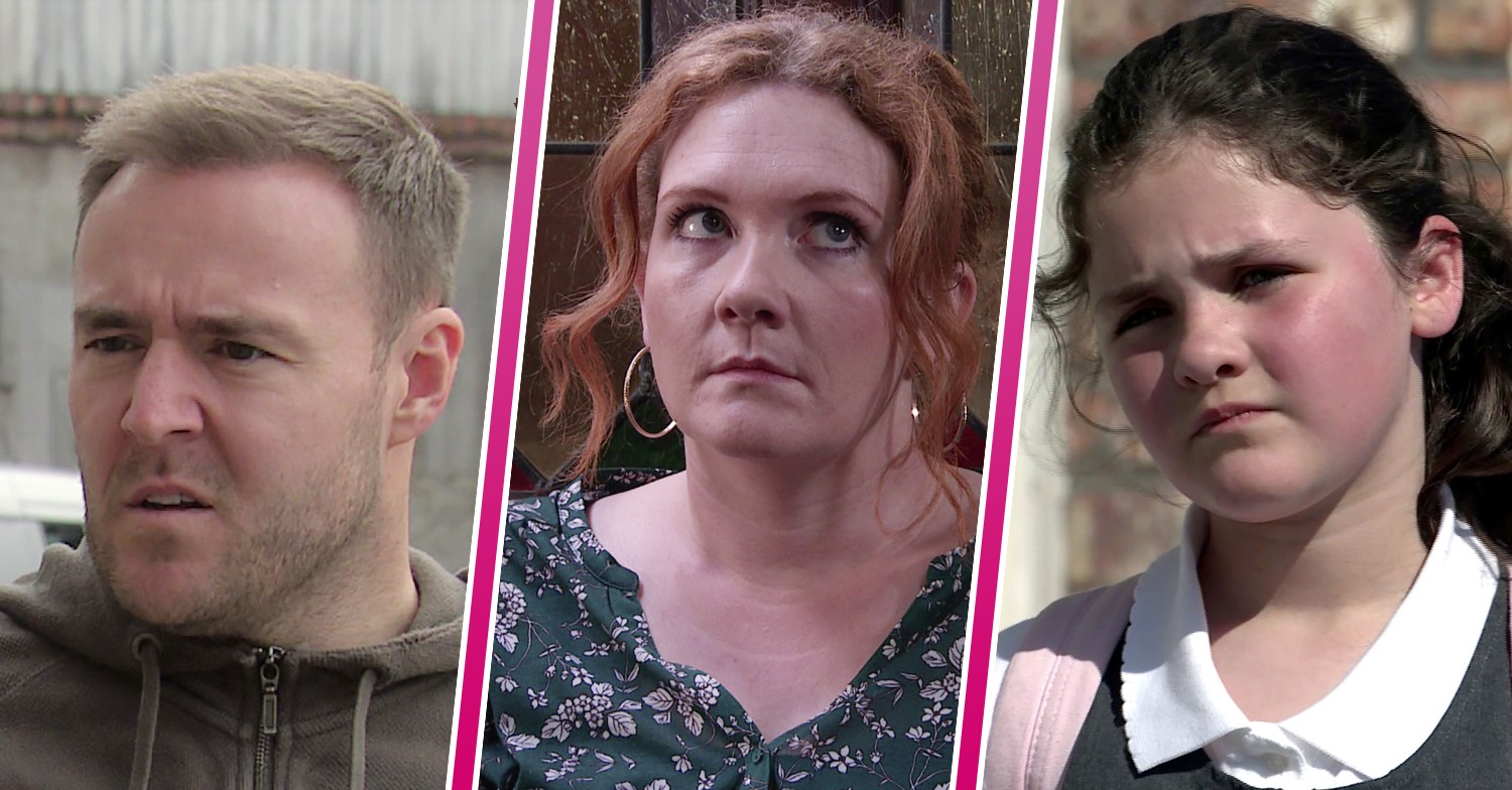 Tyrone, Fiz and Hope looking annoyed in Coronation Street