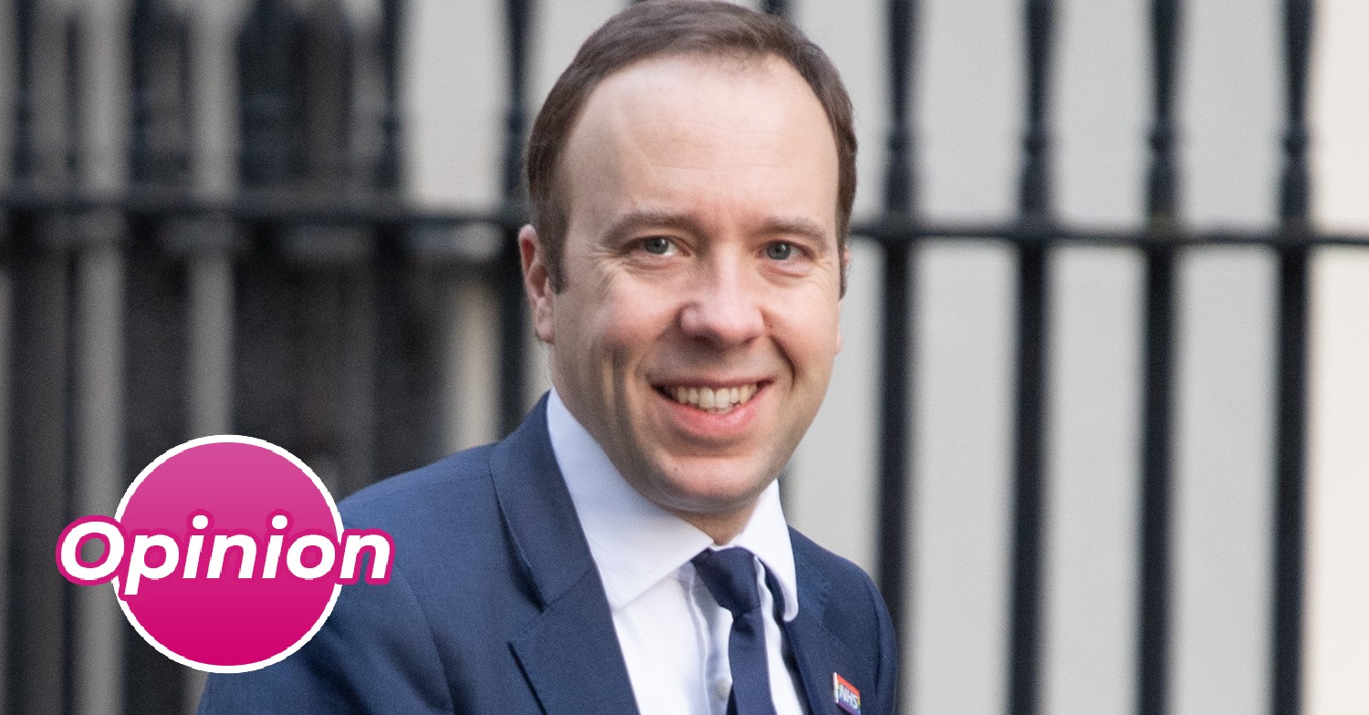 I'm A Celebrity star Matt Hancock smiling outside Downing Street with 'opinion' badge