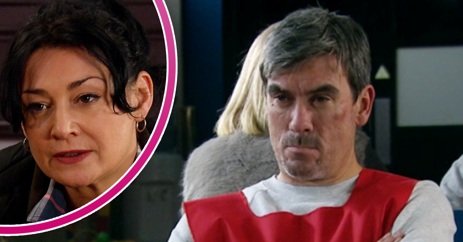 Moira looking worried and Cain looking angry in Emmerdale