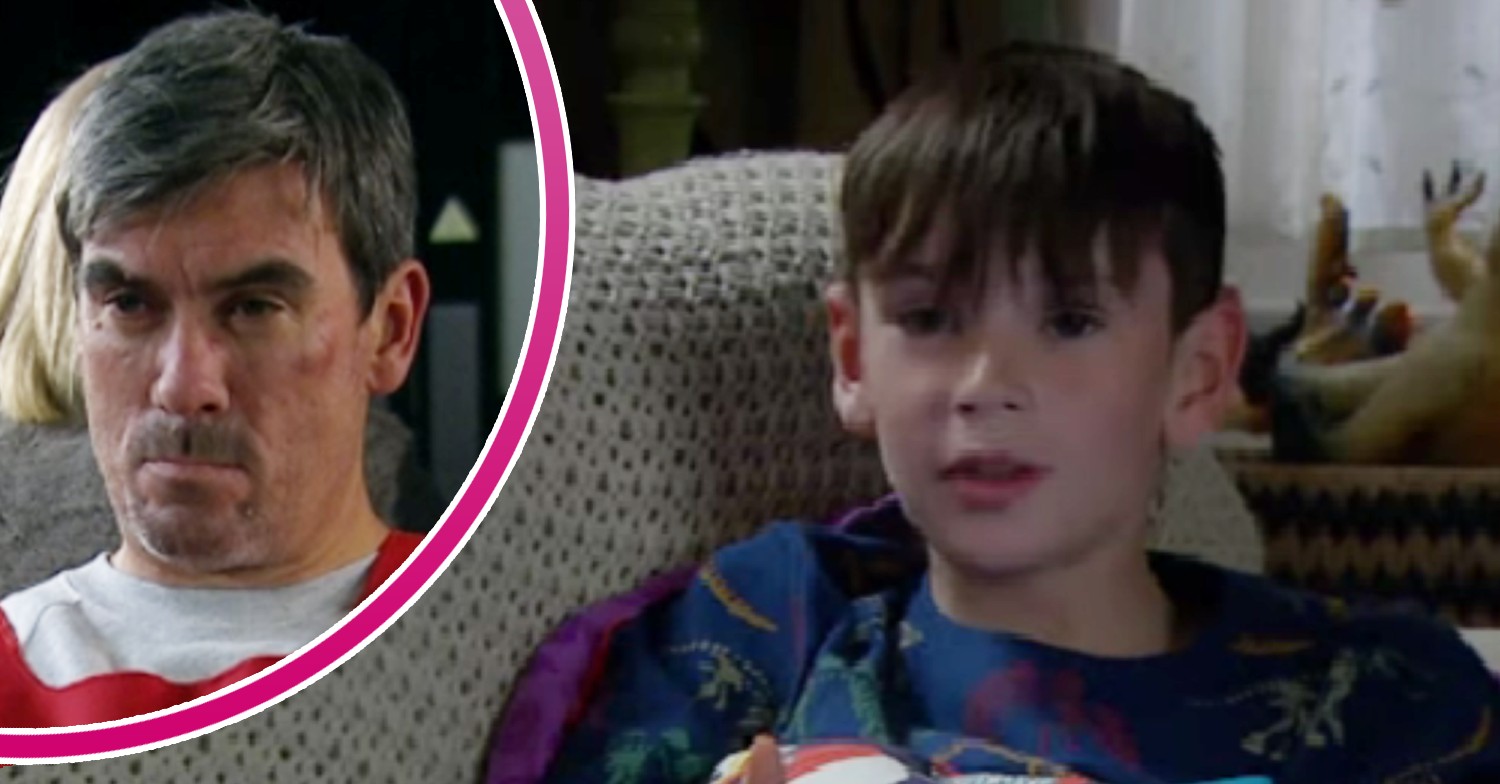 Cain looking angry and Kyle looking shocked in Emmerdale