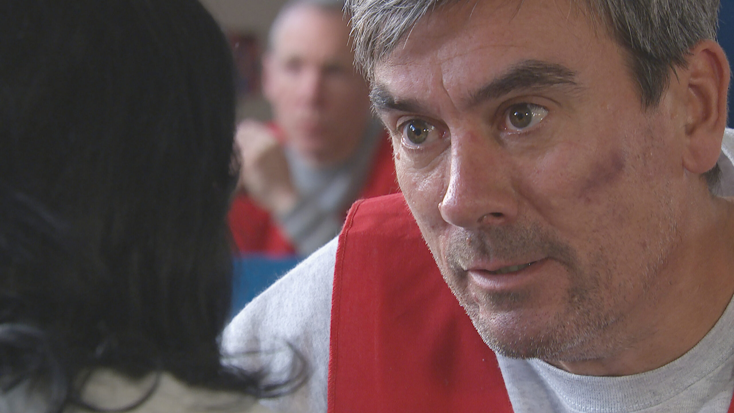 Cain Dingle looks pleadingly at wife Moira in prison as he confesses