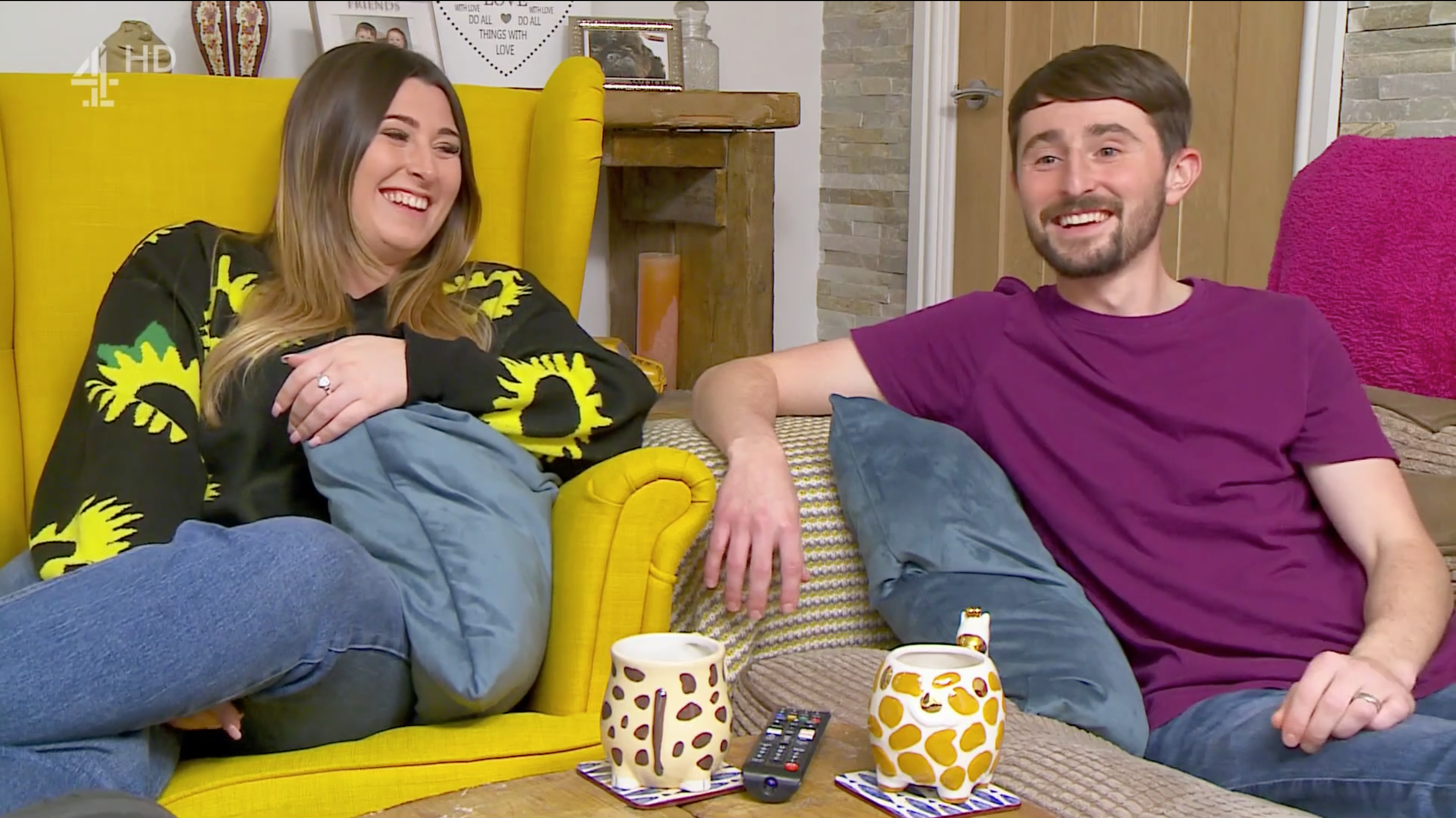 Gogglebox stars Pete and Sophie Sandiford laughing on the show