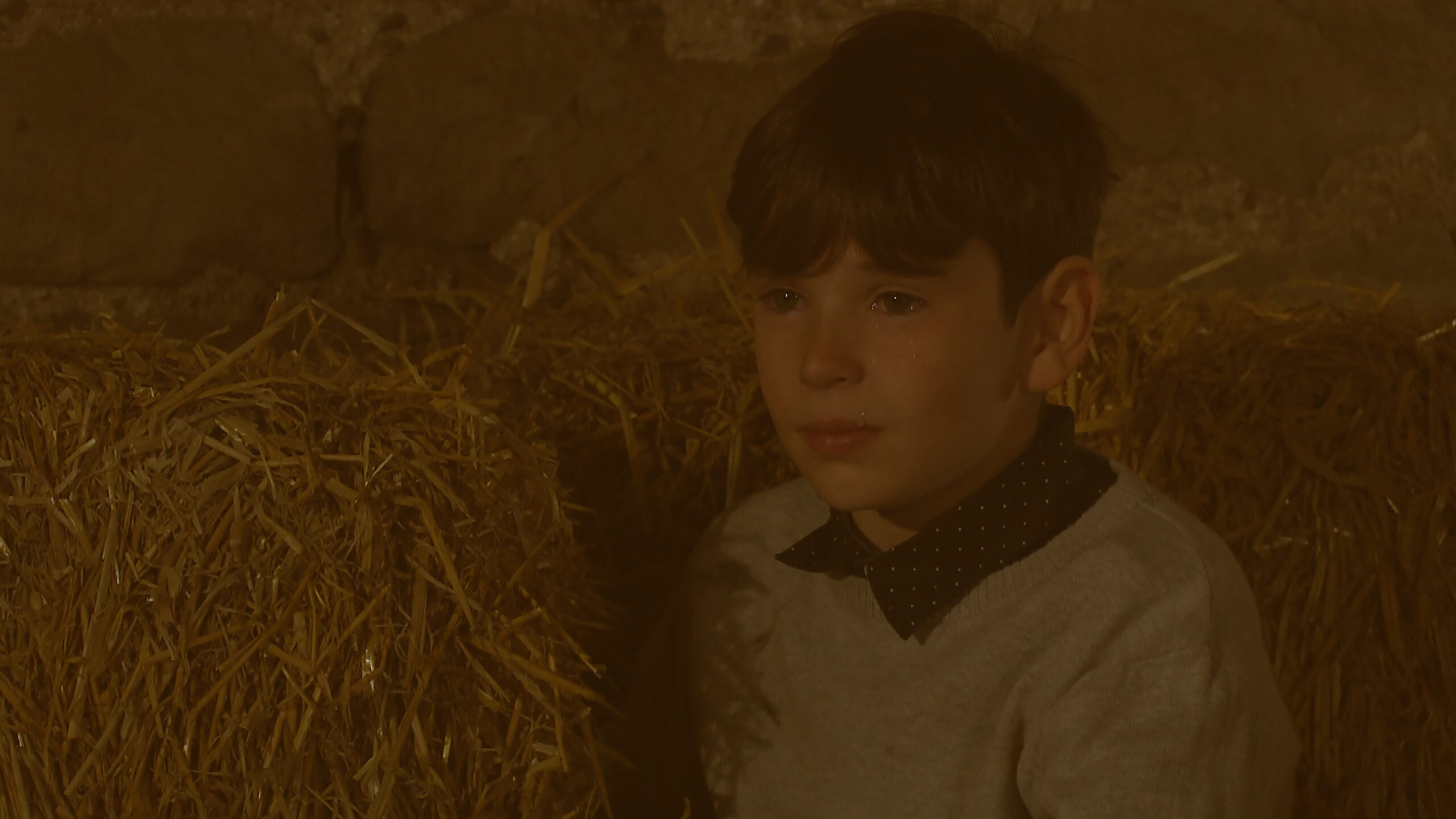 Kyle crying stood in the hay in Emmerdale 