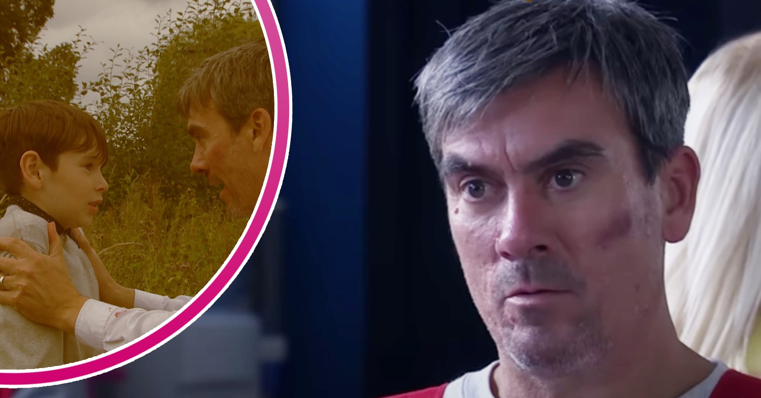 Kyle looking scared at Cain and Cain in prison in Emmerdale