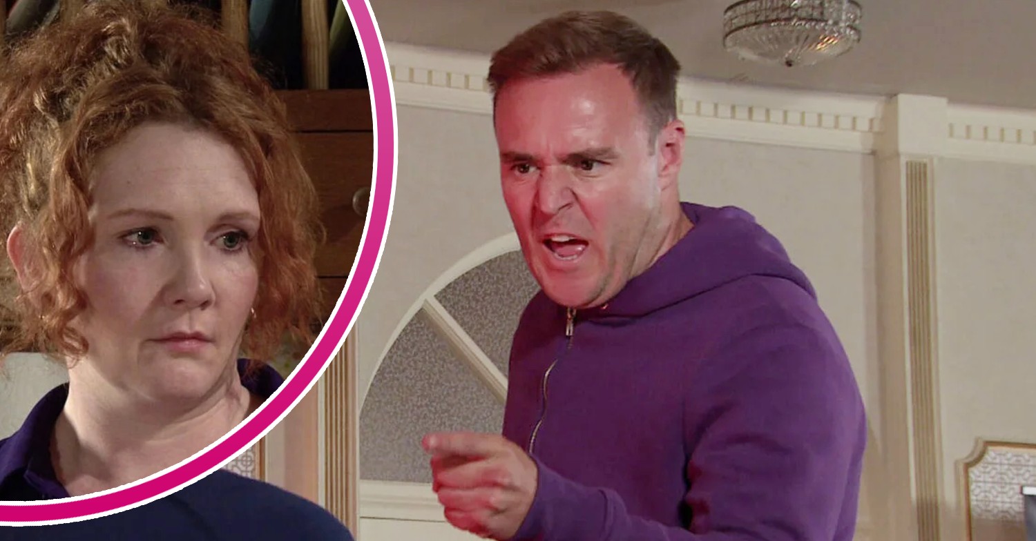 Tyrone shouting and pointing his finger at the journalist - in a pop-out bubble to the left, Fiz looks sad in Corrie (Credit: ITV/Entertainment Daily! composite)