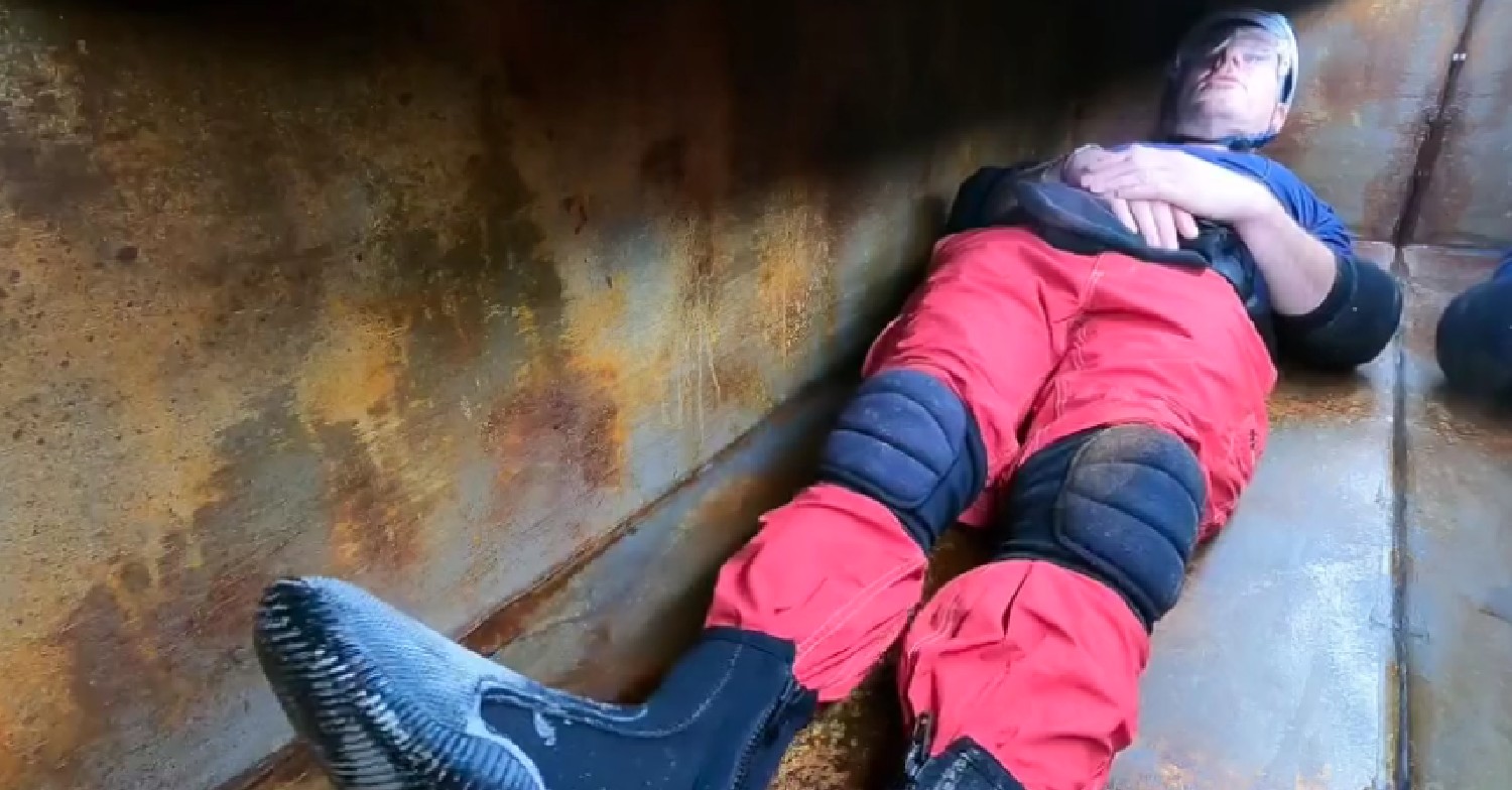 Chris Moyles lying down during I'm A Celebrity trial