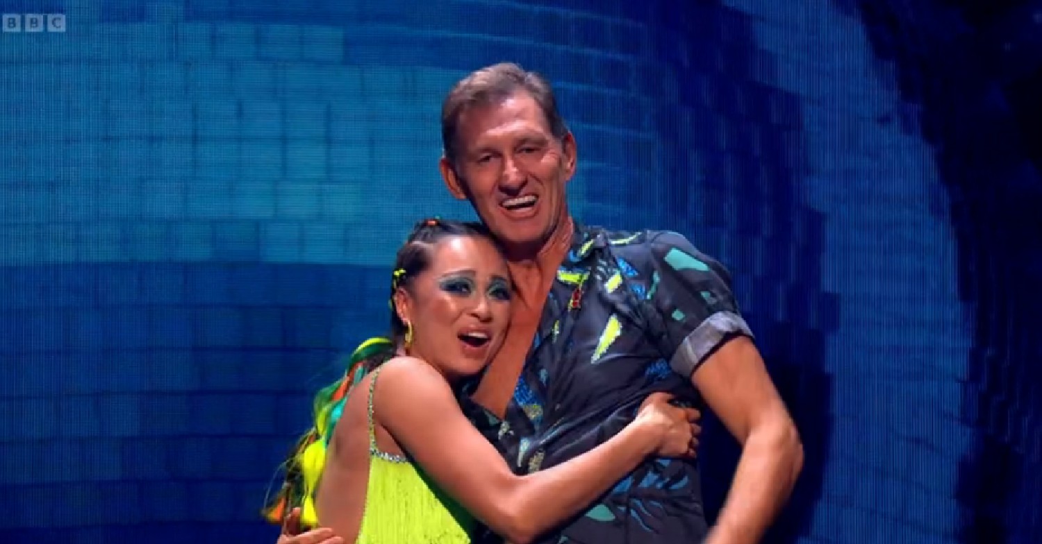 Katya Jones hugging Tony Adams during Strictly results show