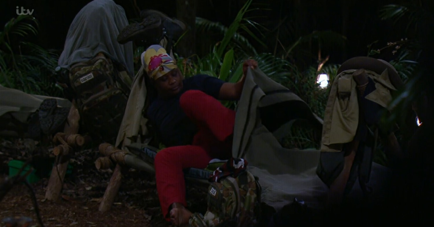 Charlene White getting into hammock on I'm A Celeb