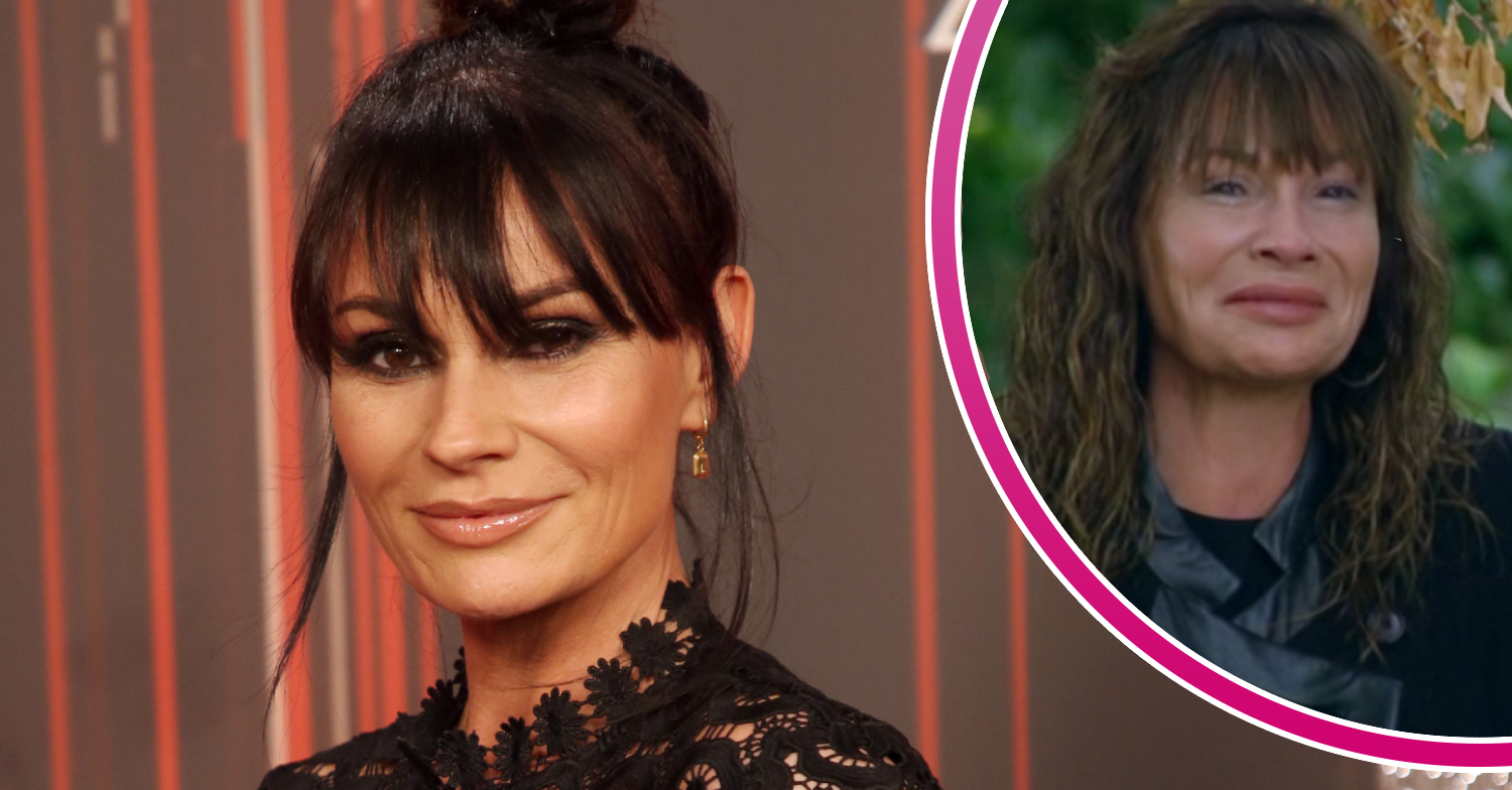 Emmerdale's Lucy Pargeter smiling on the red carpet, and in a bubble Chas crying