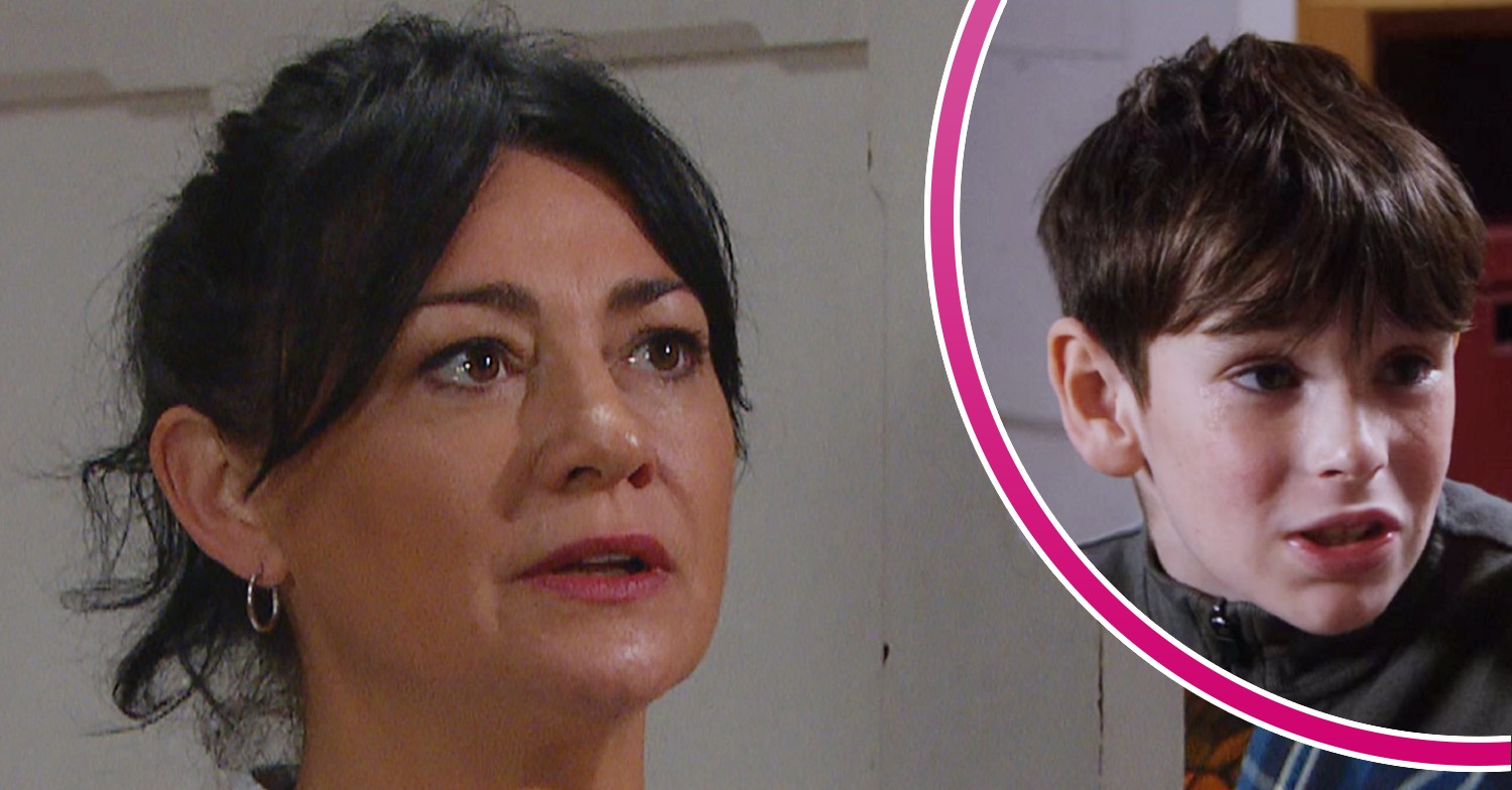 Moira looking scared in Emmerdale and Kyle crying