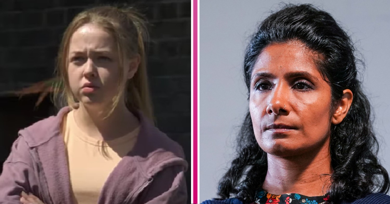 Amy Mitchell looking angry and Suki Panesar looking worried in EastEnders