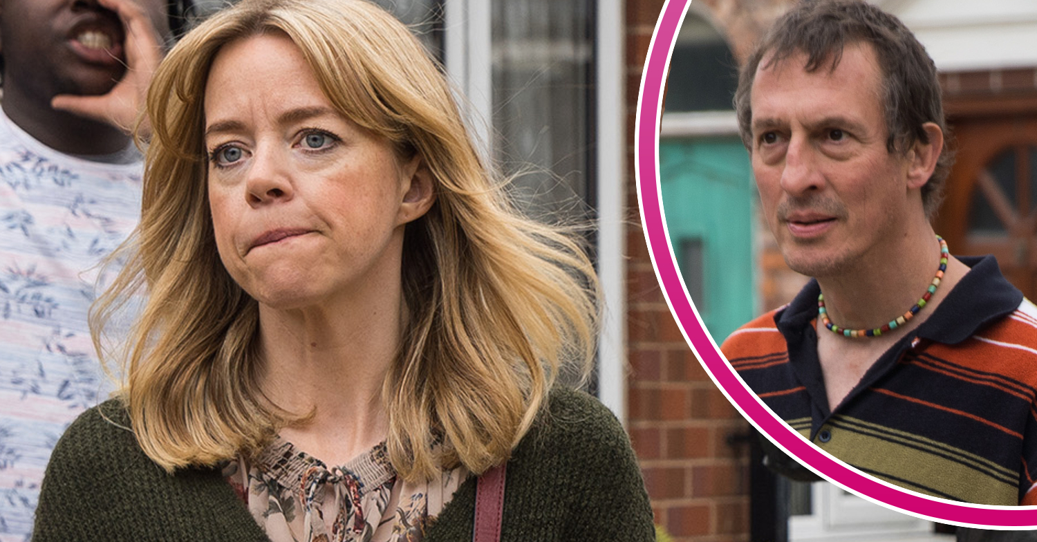 Coronation Street Toyah biting her lip worried, and Spider looking worried in a bubble