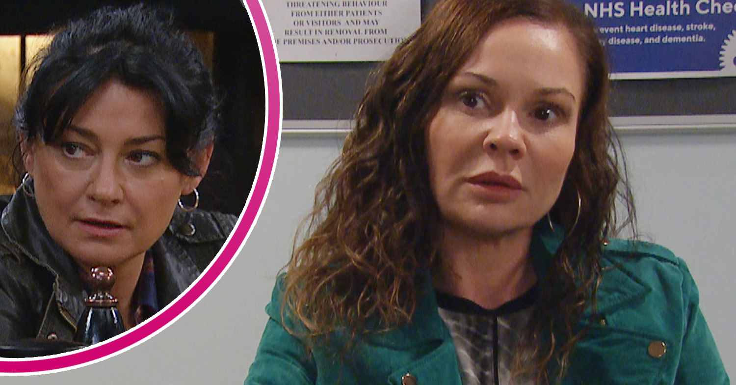 Emmerdale's Chas looking worried and, in a bubble, Moira looking concerned