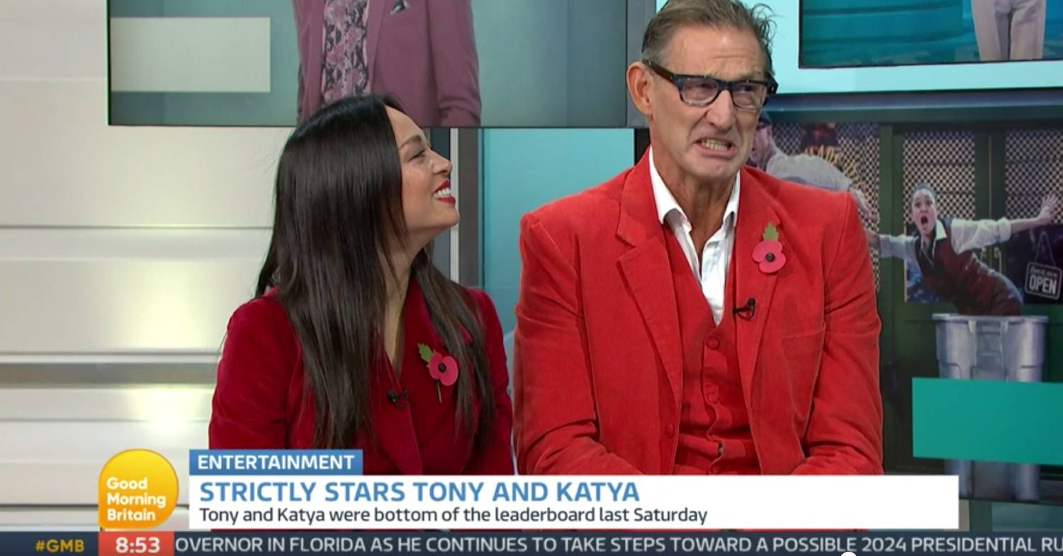 Strictly star Tony Adams pulls a face on GMB while Katya Jones smiles at him