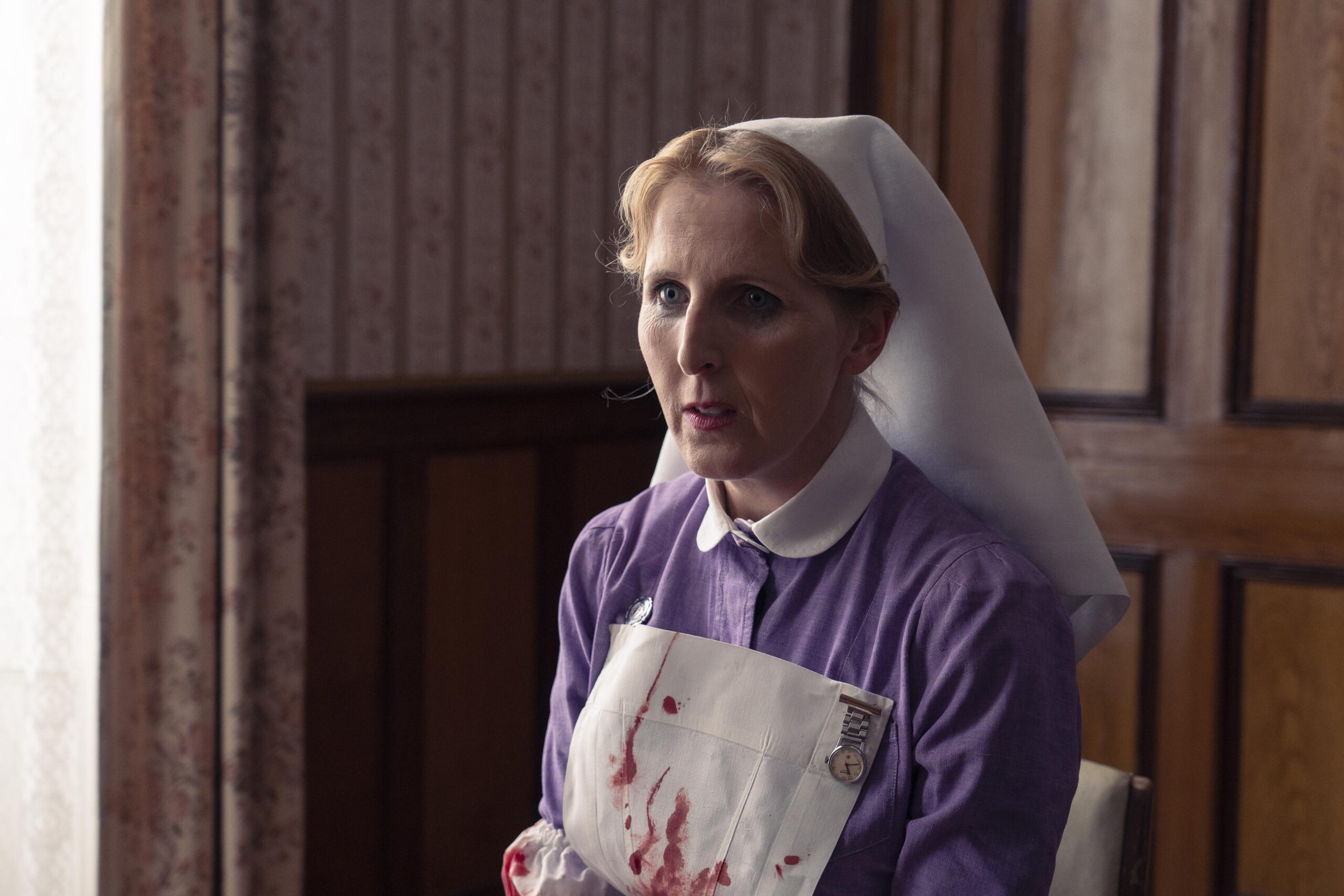 Sister Marvis looks upset as she sits down in Dalgliesh