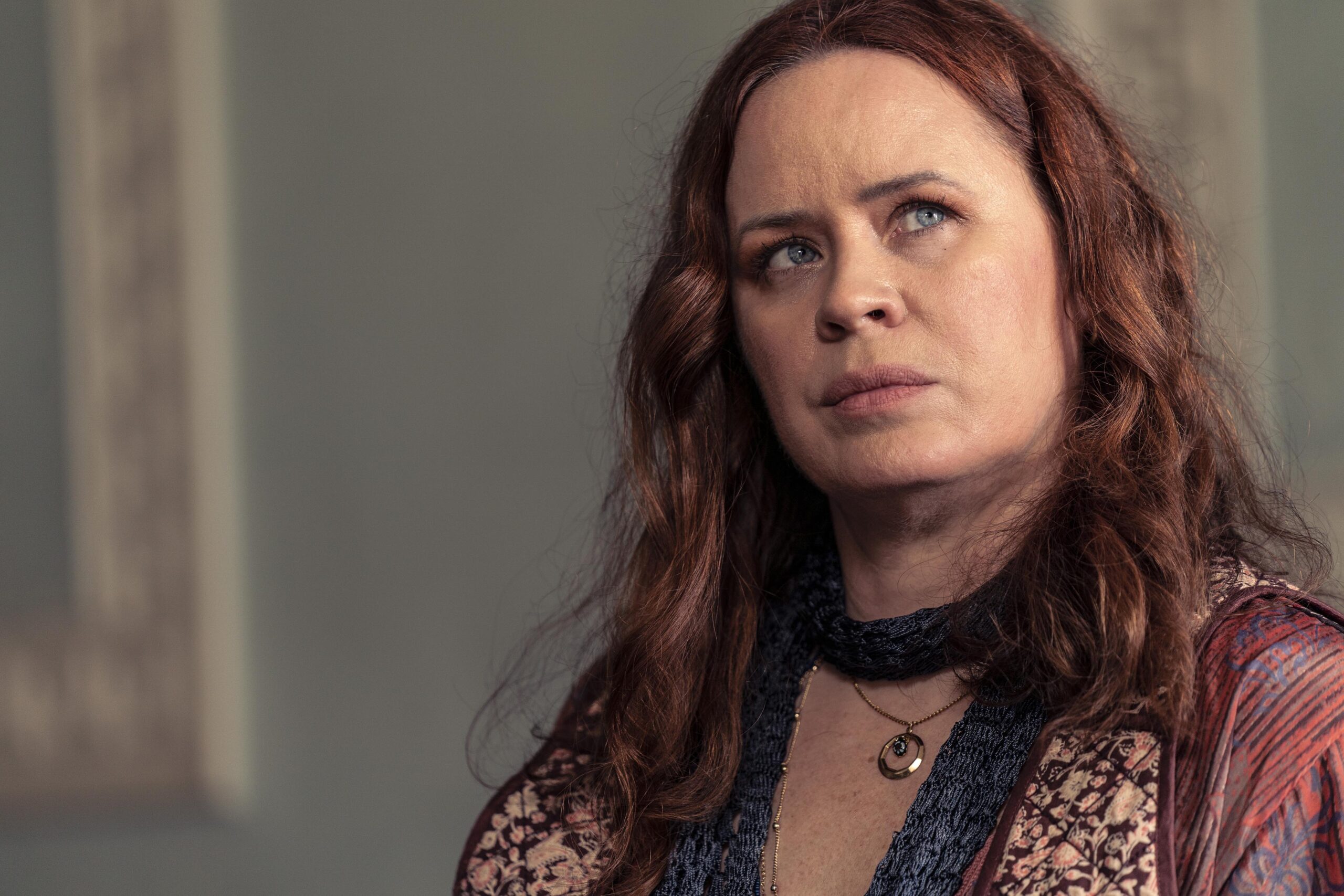 Ursula looks up with an upset expression in Dalgliesh