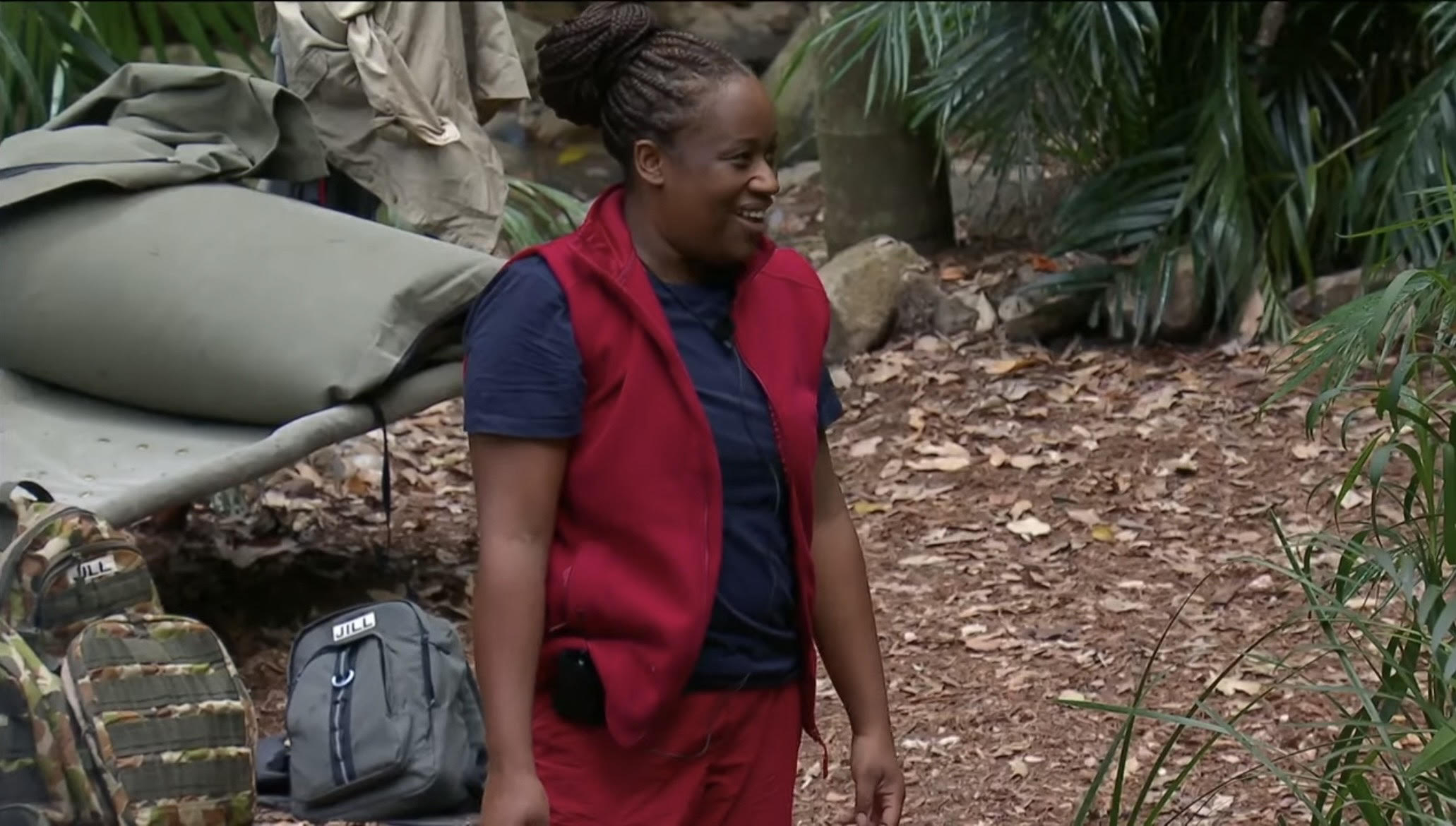 Charlene White smiles in I'm A Celeb camp