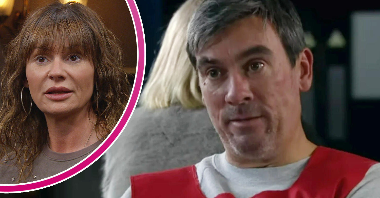 Emmerdale's Cain in prison attire looking angry, and in a bubble, Chas looking shocked