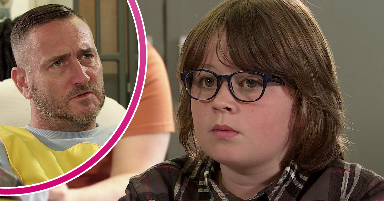 Coronation Street's Sam looking uncomfortable, and in a bubble, Harvey in prison looking serious