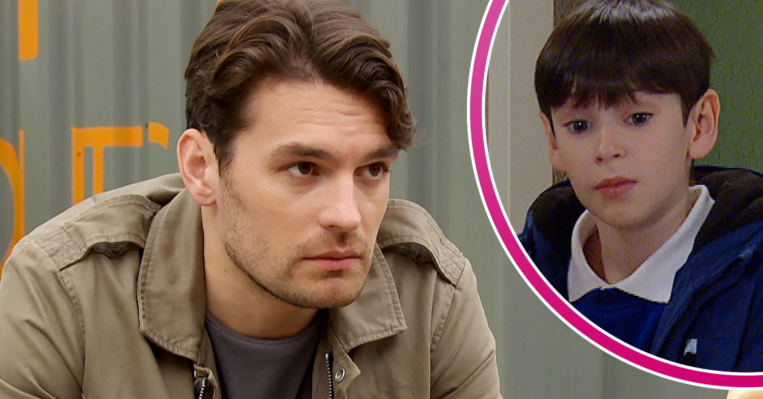 Emmerdale's Mack looking guilty, and in a bubble, Kyle looking down