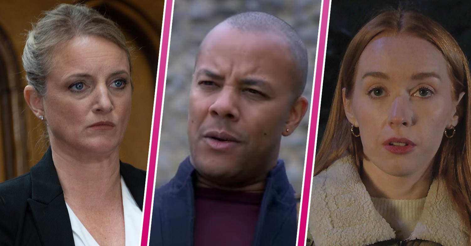 Nicola, Al and Chloe all looking shocked in Emmerdale